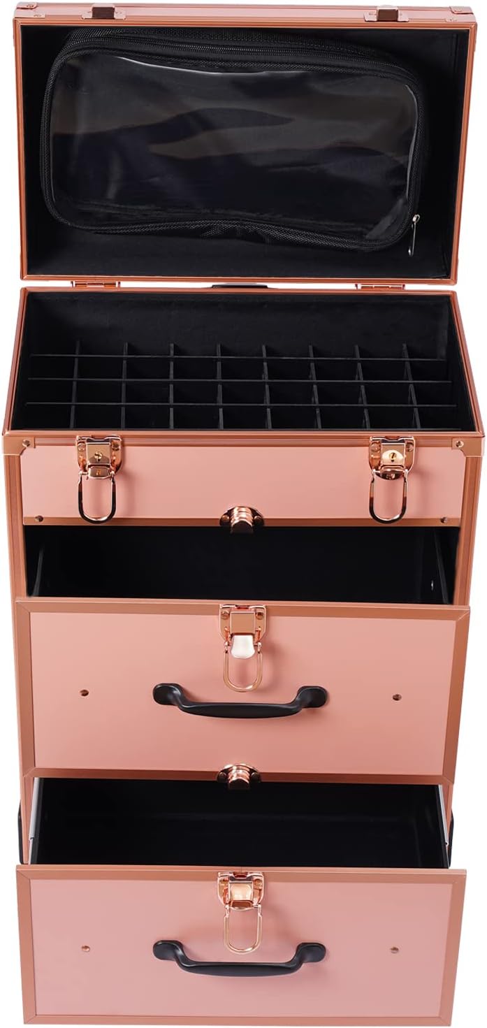 Professional Rolling Makeup Case Train Case Cosmetic Organizer Trolley Lockable Rolling Make-ups Case Storage Cart Makeup Train Case Cosmetology Case On Wheels (Gold|3 trays|Type B)