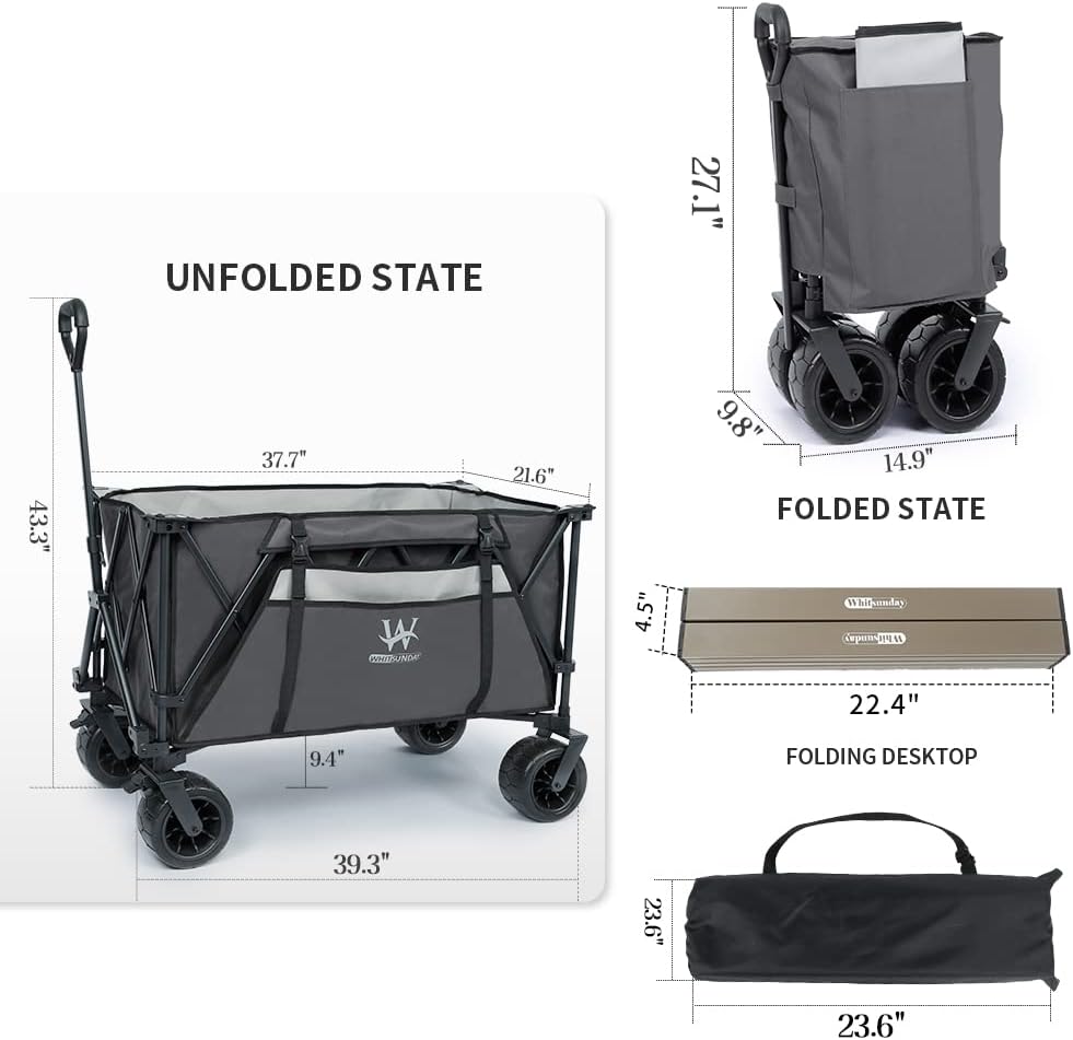 Whitsunday Heavy Duty Collapsible Wagon Cart,440Lbs Folding Outdoor All Terrian Wheel Utility Camping Park Wagon Cart with Table Grey
