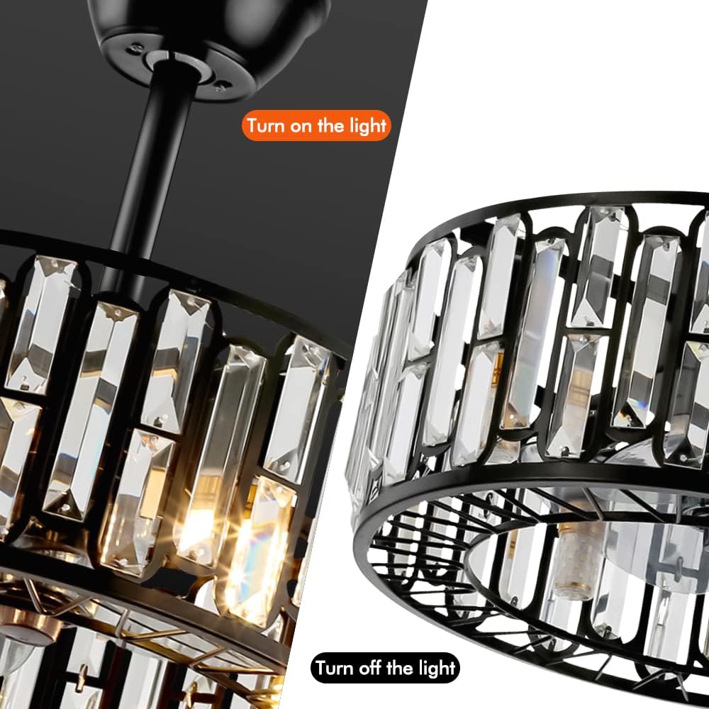 18' Modern Enclosed Bladeless Ceiling Fan with Light and Remote, Industrial Black Caged Fandelier 3 Speeds Timer Crystal Chandelier Fan for Farmhouse Kitchen Island