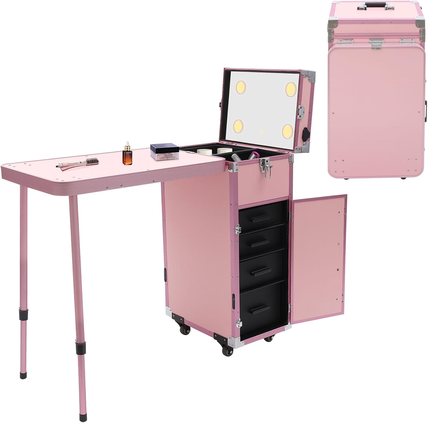 Makeup Train Case With 4 Universal Wheels,Portablel Makeup Suitcase With Drawers,Unfold Table And Makeup Mirror,Rolling Cosmetic Storage Organizer For Artist,Hairstylist,Etc (Pink)