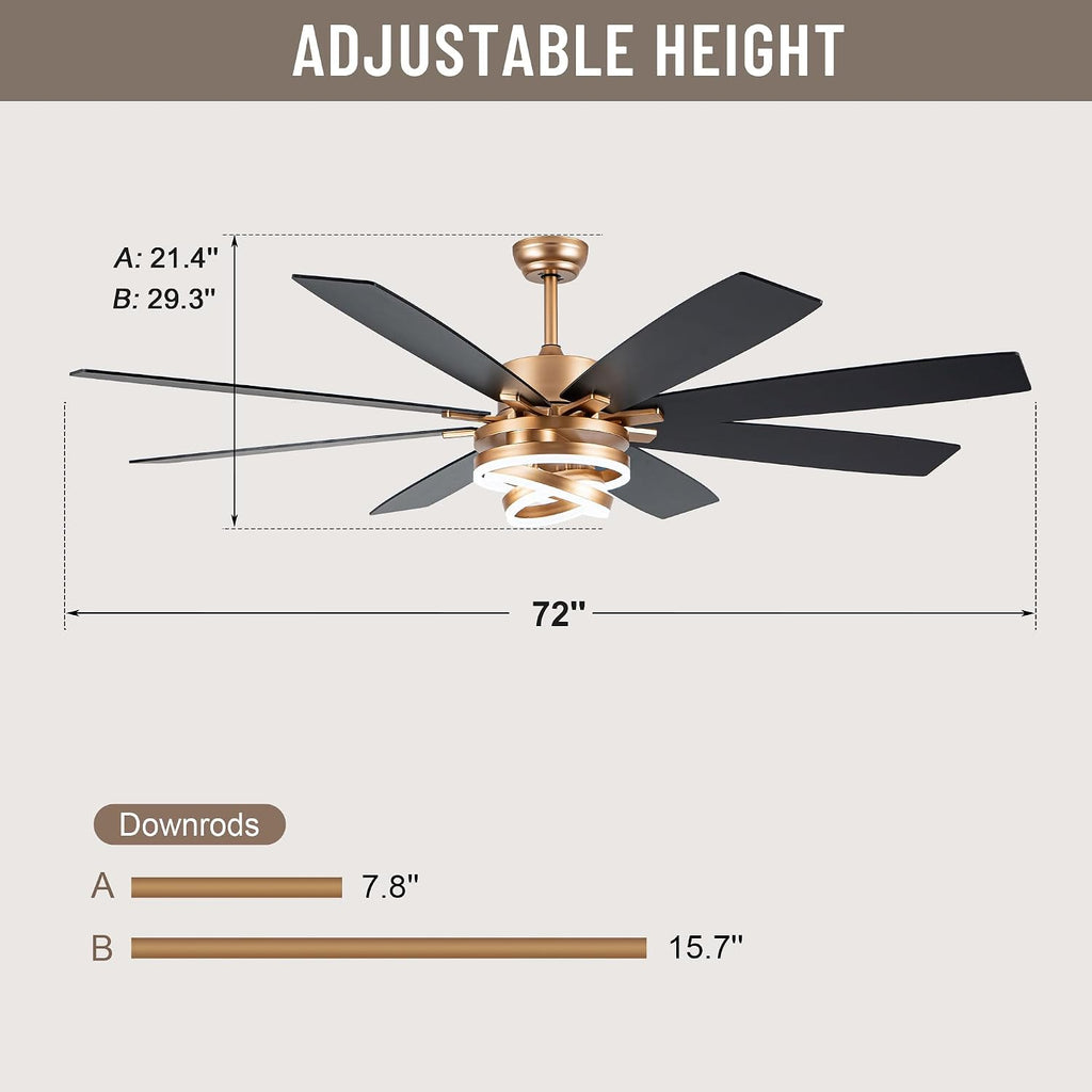 72'' Large Ceiling Fans with Lights and Remote, Indoor/Outdoor Gold Chandelier Fan with DIY Rings LED,Fandelier Ceiling Fans with Lights for Living Room/Porch/Patio