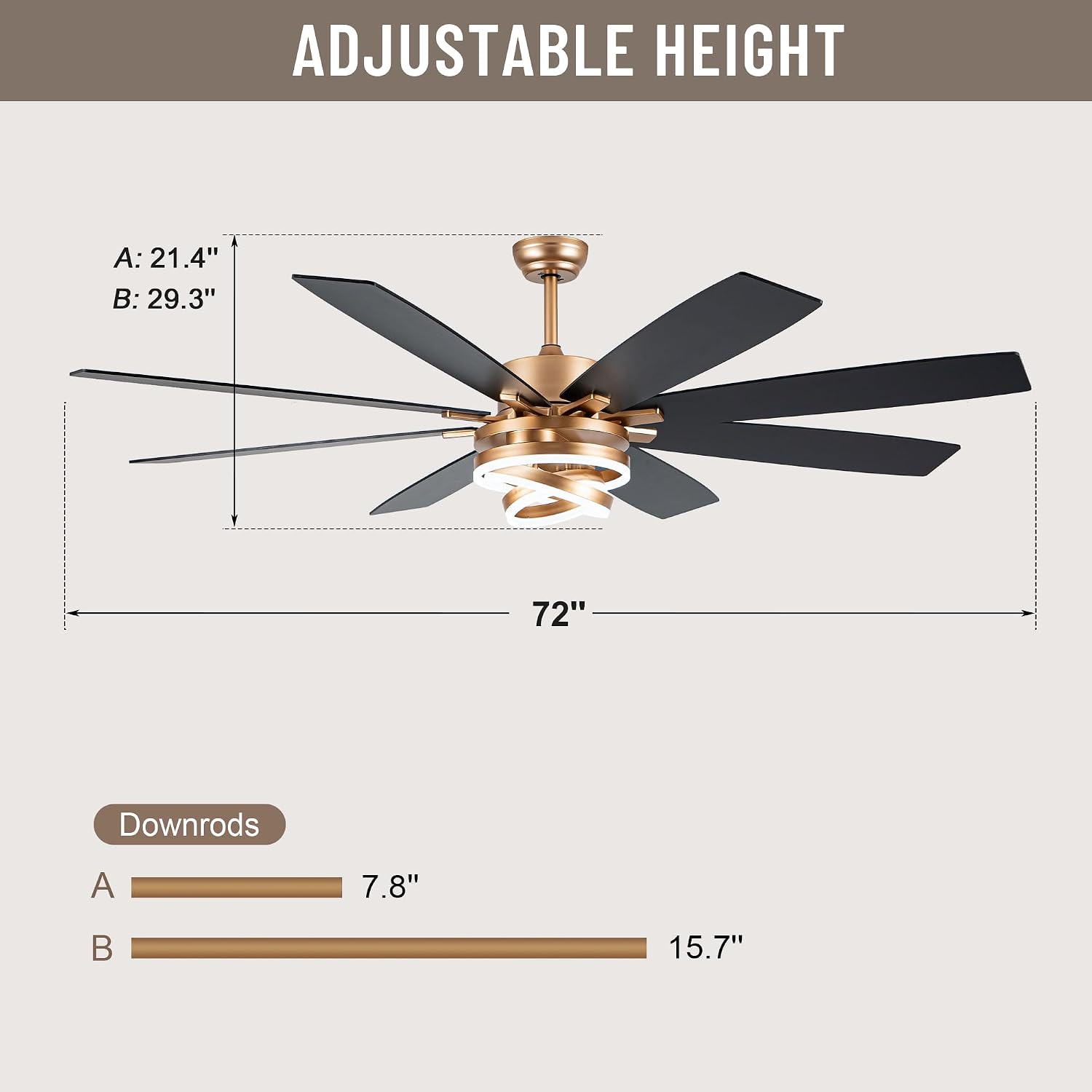 72'' Large Ceiling Fans with Lights and Remote, Indoor/Outdoor Gold Chandelier Fan with DIY Rings LED,Fandelier Ceiling Fans with Lights for Living Room/Porch/Patio