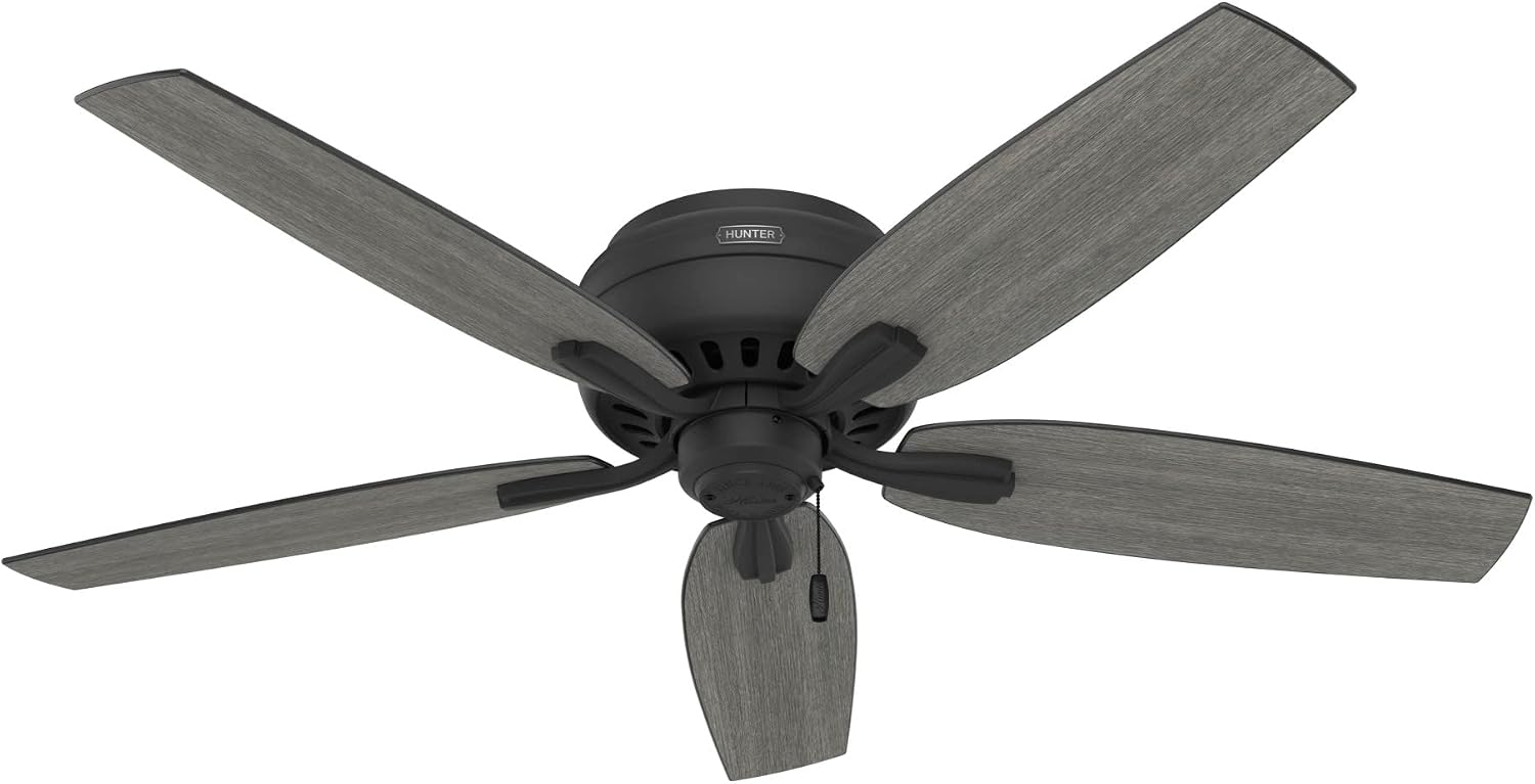 Hunter 52 inch Indoor Ceiling Fan with LED Light - Black Ceiling Fan with Pull Chain, For Bedroom or Living Room, Low Profile Flush Mount, 5 Blades, Includes Bulbs - Newsome 52396, Matte Black