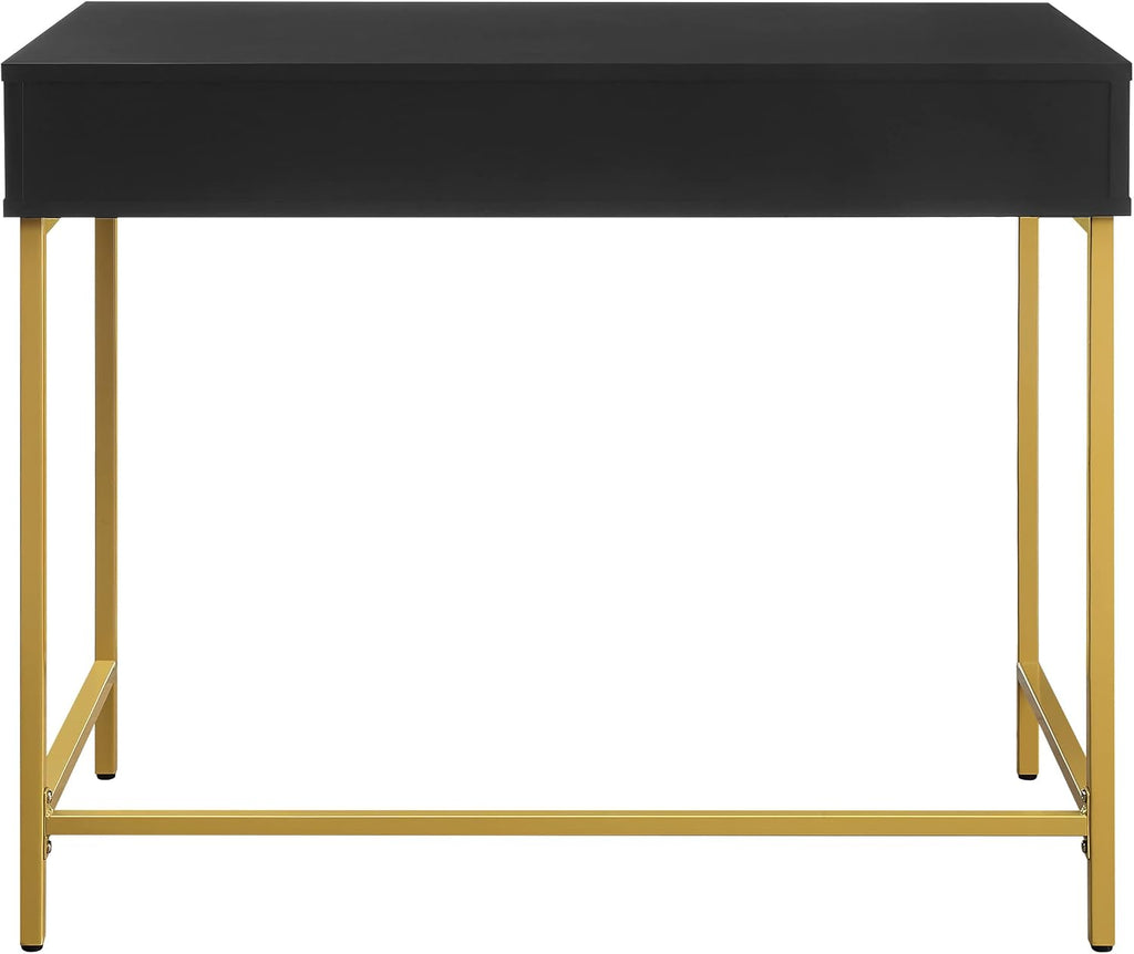 OSP Home Furnishings Modern Life Contemporary Writing Desk with Large Drawer and Gold Metal Legs, Black Finish
