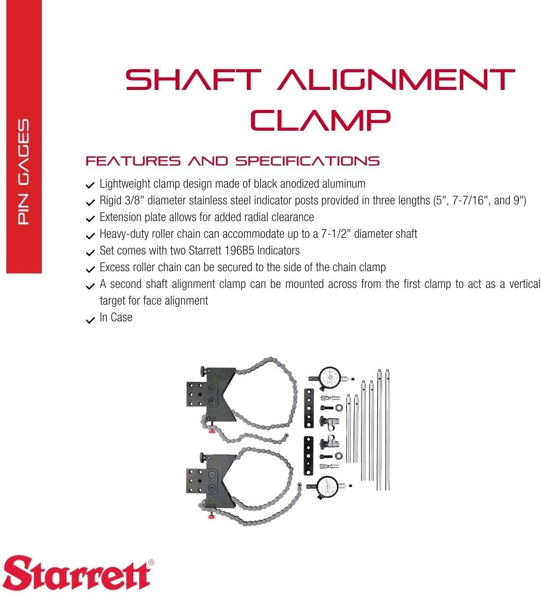 Starrett Shaft Alignment Clamp Set - Includes 2 Chain Clamps, 2 Indicator, 2 Snugs, 2 Extension Plates, 3 Posts and a Case - 3/8' Diameter, 5', 7-7/16', and 9' Posts - S668DZ