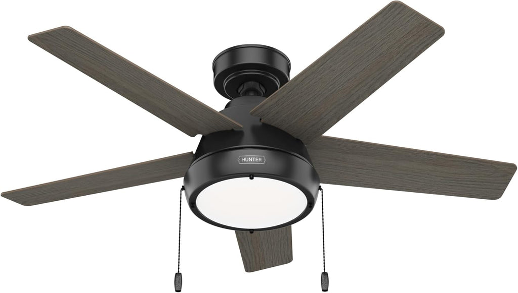 Hunter 44 inch Indoor Ceiling Fan with LED Light - Black Ceiling Fan with Pull Chain, For Bedroom or Living Room, Standard Mount, No Remote, 5 Blades, Includes Bulbs - Burroughs 51385, Matte Black