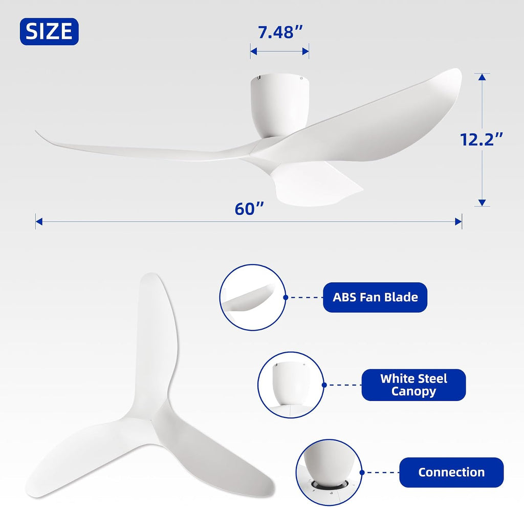 60' White Flush Mount Ceiling Fan with Remote, No Light | Modern Low-Profile, Heat Resistant ABS Blades, 6-Speed Reversible Quiet DC Motor for Balcony, Living Room, Bedroom