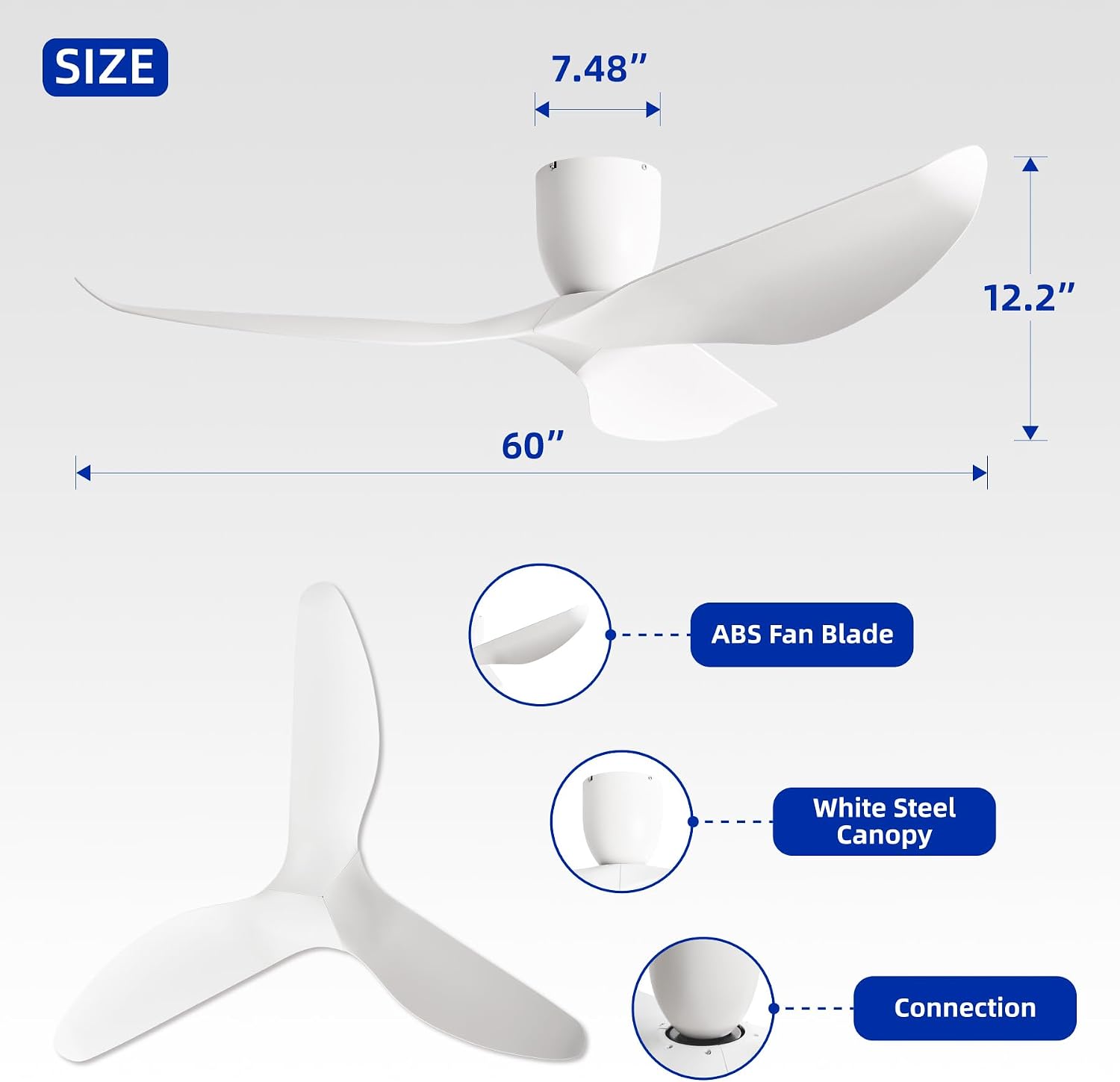 60' White Flush Mount Ceiling Fan with Remote, No Light | Modern Low-Profile, Heat Resistant ABS Blades, 6-Speed Reversible Quiet DC Motor for Balcony, Living Room, Bedroom