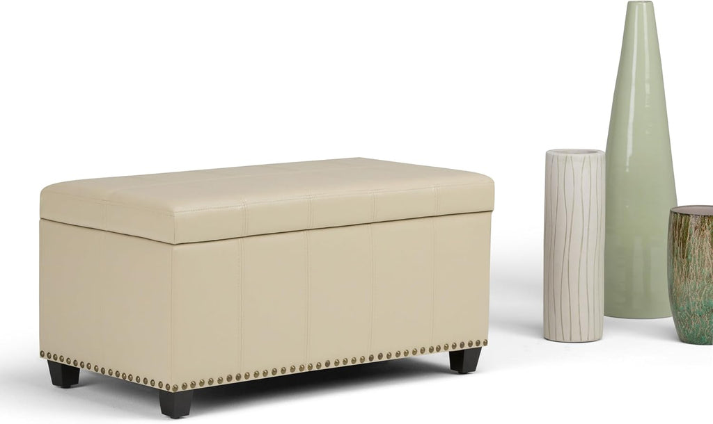SIMPLIHOME Amelia Storage Ottoman - 33 inch Wide Vegan Leather Rectangle Storage Ottoman Bench in Satin Cream, Transitional Ottoman for Living Room with Nailhead Trim and Lift-Up Lid