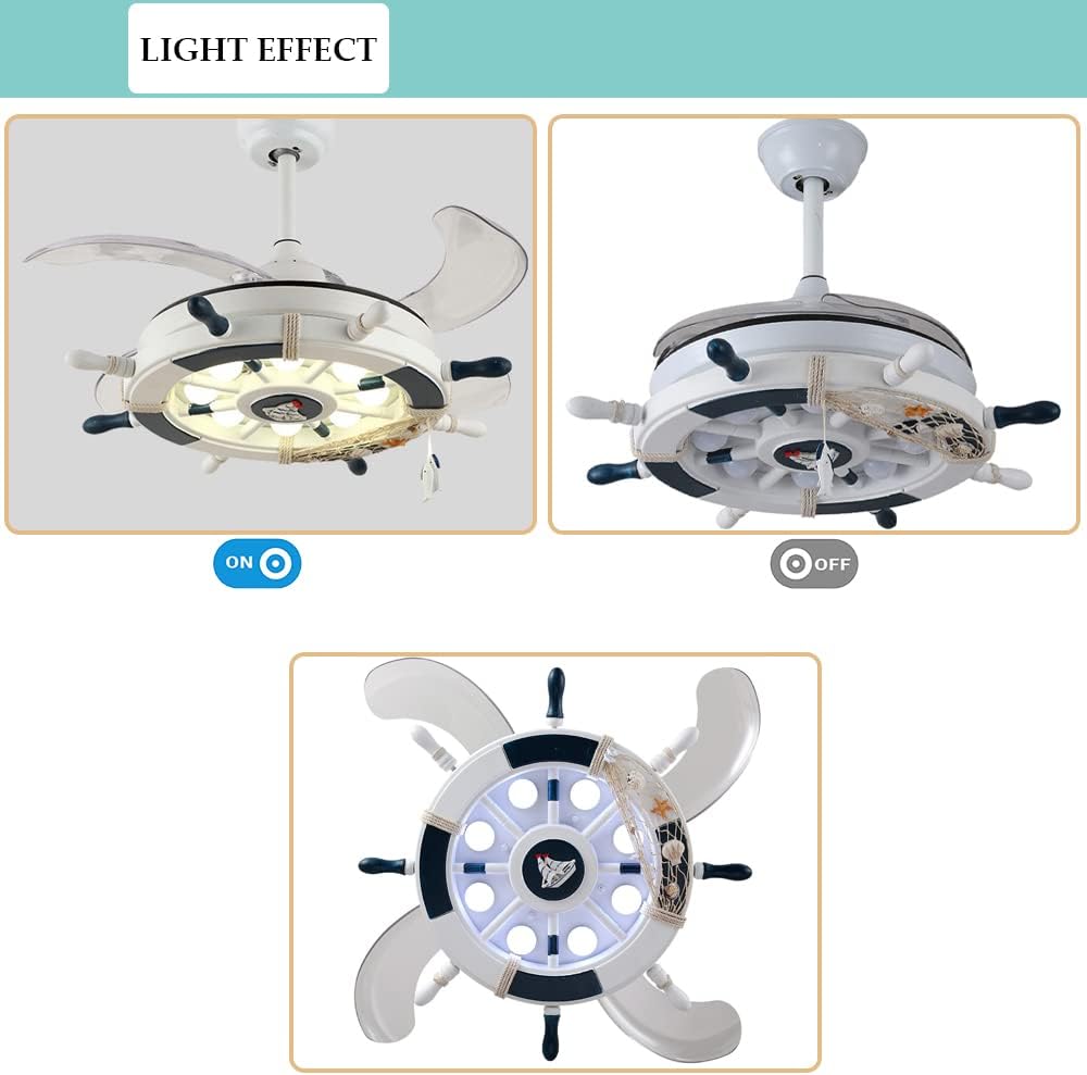 Nautical Ceiling Fan with Lights and Remote Control, LED Ceiling Fan, Reversible Fan Chandeliers for Kids' Room Nursery in White