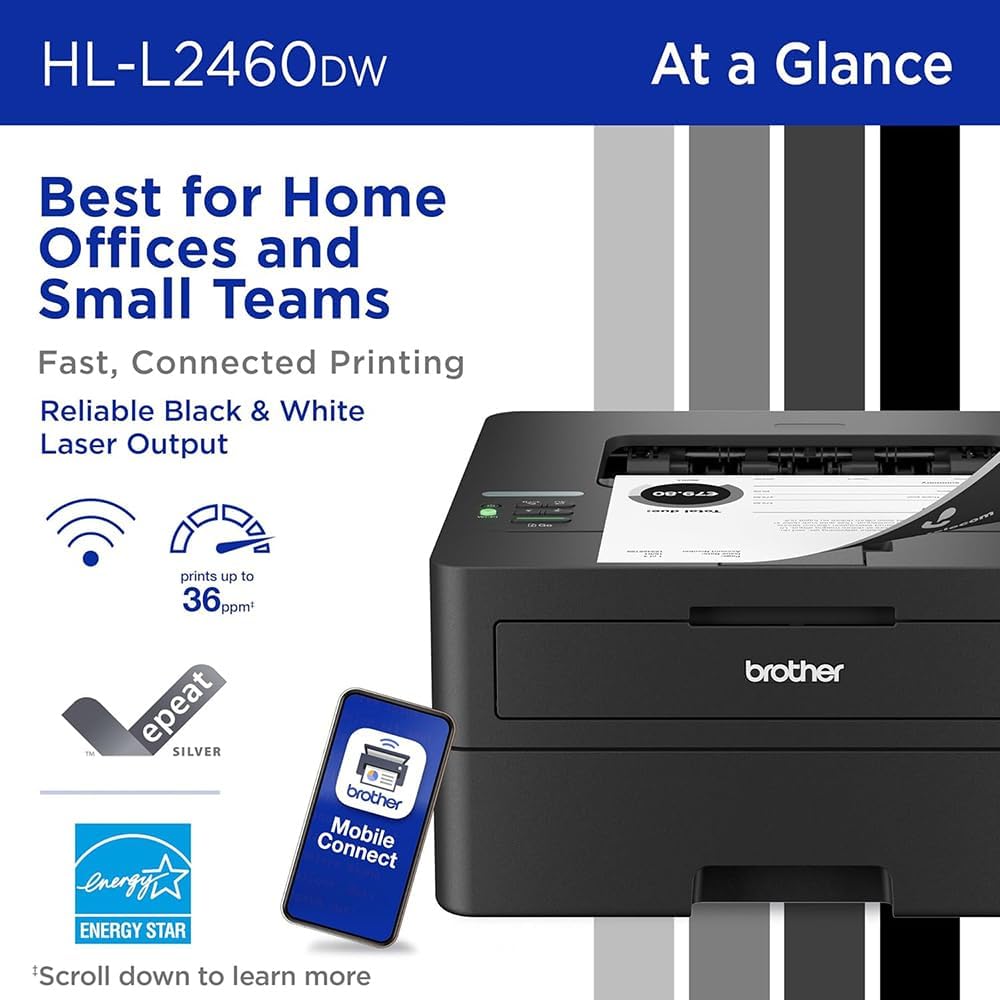 Brother HLL2460DW SOHO Laser Printer Bundle with 26 Month Protection Plan, Printer Essentials Digital Download, 6FT HDMI 2.0 Cable & 6FT USB Type‑A to Type‑B Cable