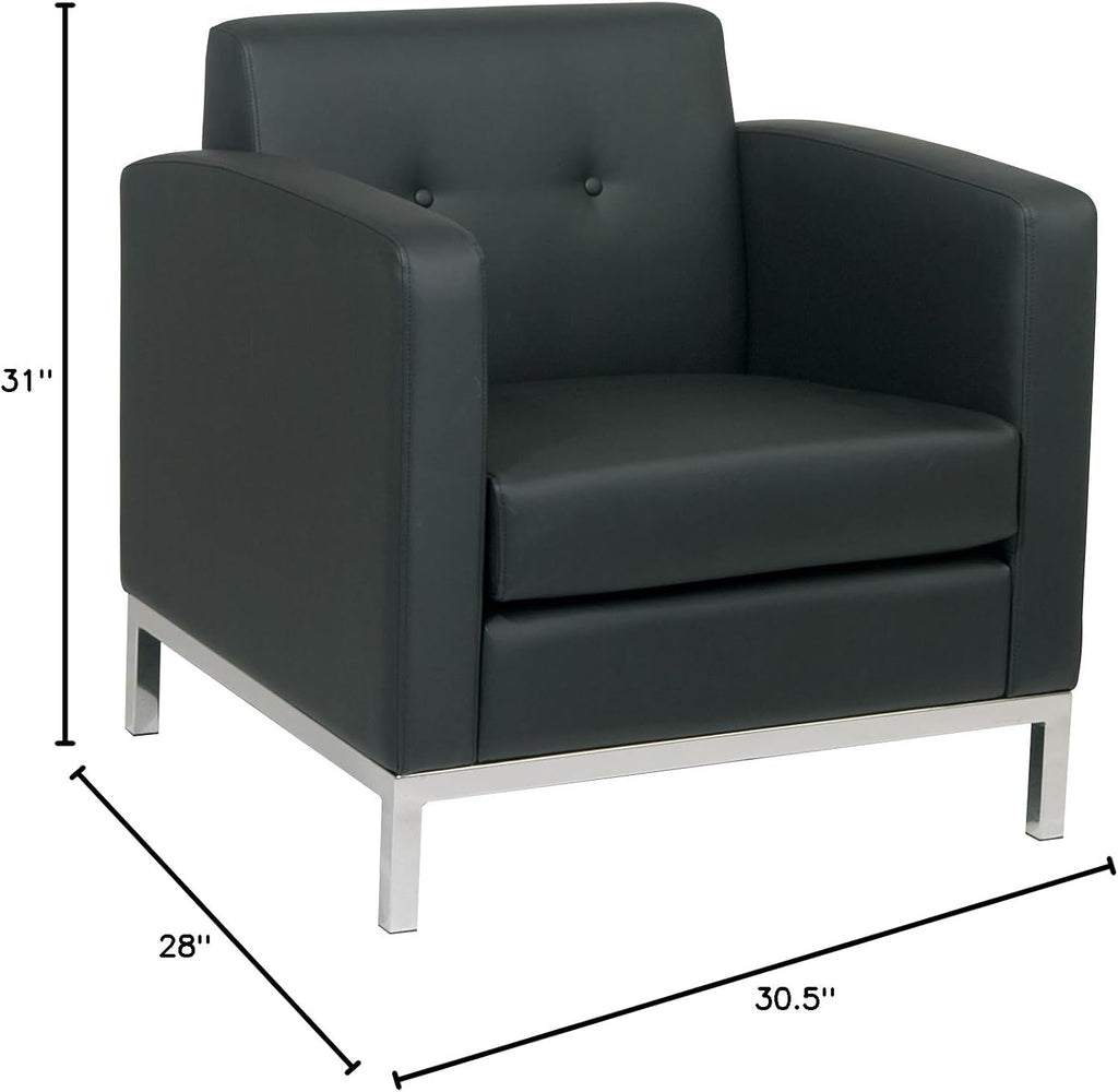 OSP Home Furnishings Wall Street Faux Leather Armchair with Box-Spring Cushion, Button Tufted Back, and Chrome Finish Base, Black
