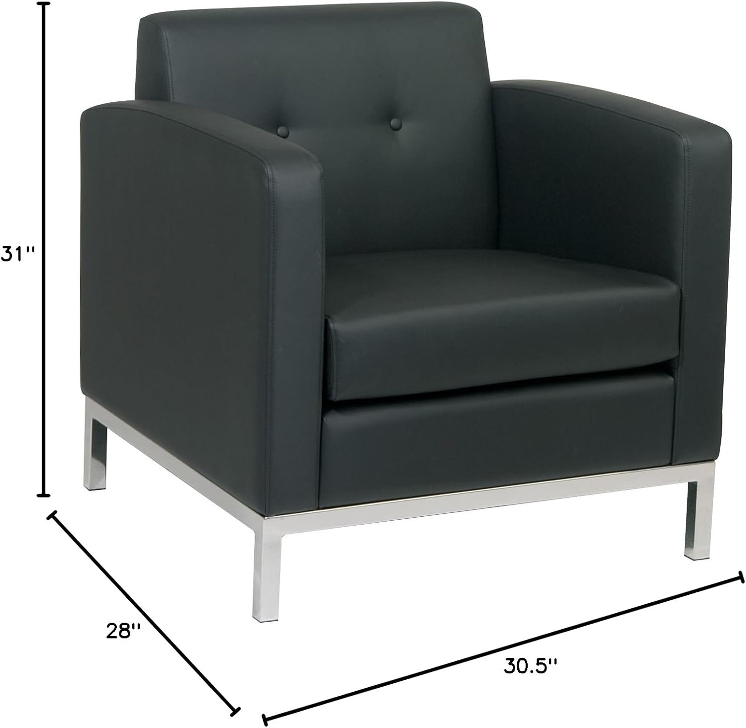 OSP Home Furnishings Wall Street Faux Leather Armchair with Box-Spring Cushion, Button Tufted Back, and Chrome Finish Base, Black