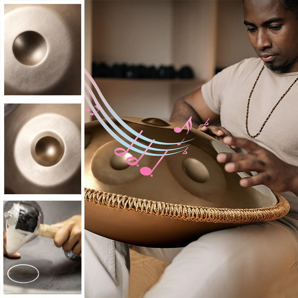 Handpan Drums for Adults Steel Handpan D Minor Kurd 22 Inches 9/10/12 Notes 440hz 432hz Harmonic Percussion Instrument for Sound Healing, Personal Meditation, Yoga(Gold,440HZ/9Note)