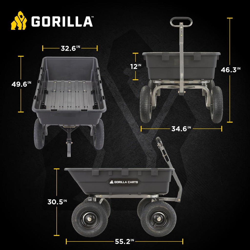 Gorilla Carts Heavy-Duty Poly Yard Dump Cart, 10 Cu Ft Tub, 1500 lb Haul Capacity, Black – Towable Utility Wagon with Quick-Release Dumping & Pneumatic Tires for Landscaping and Gardening