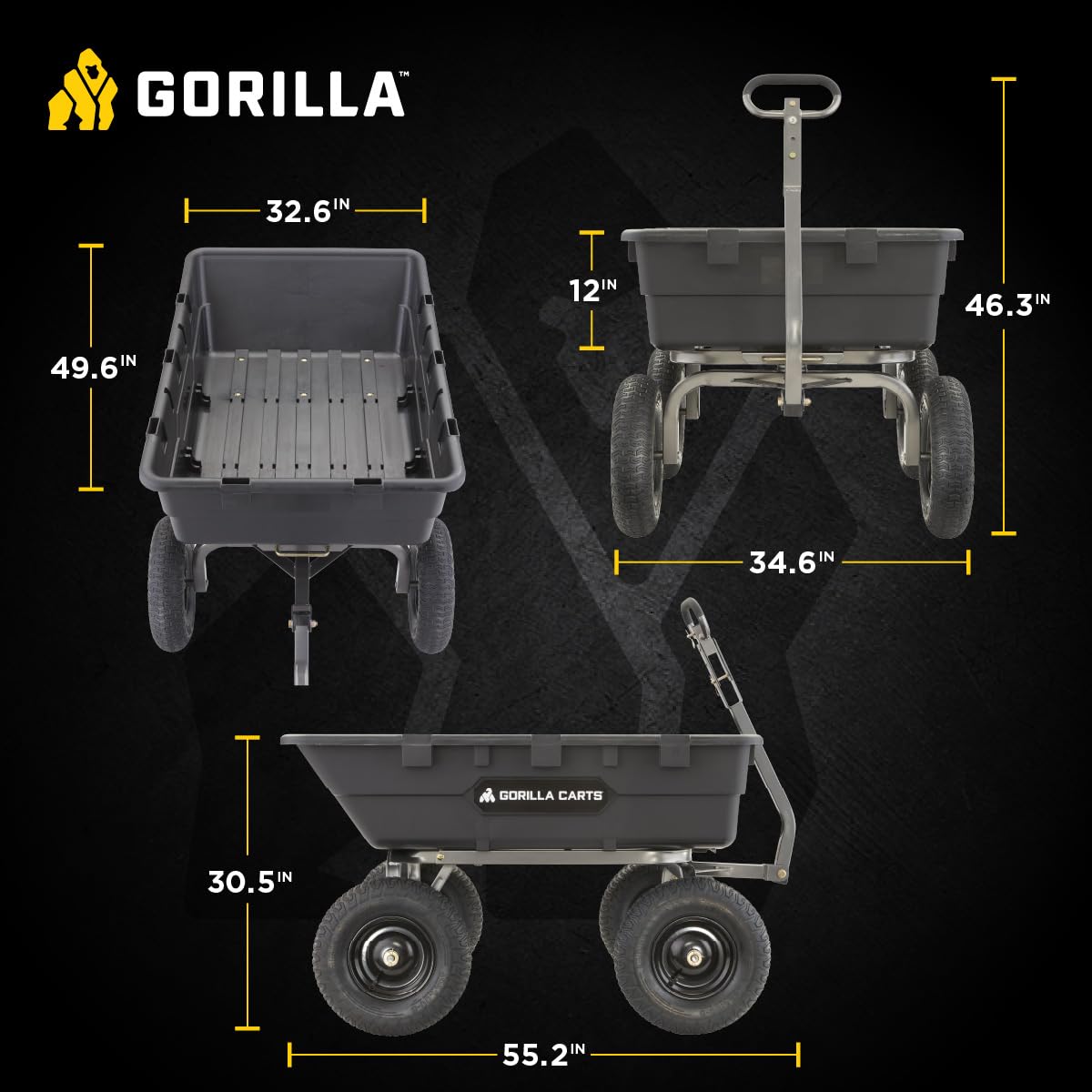 Gorilla Carts Heavy-Duty Poly Yard Dump Cart, 10 Cu Ft Tub, 1500 lb Haul Capacity, Black – Towable Utility Wagon with Quick-Release Dumping & Pneumatic Tires for Landscaping and Gardening