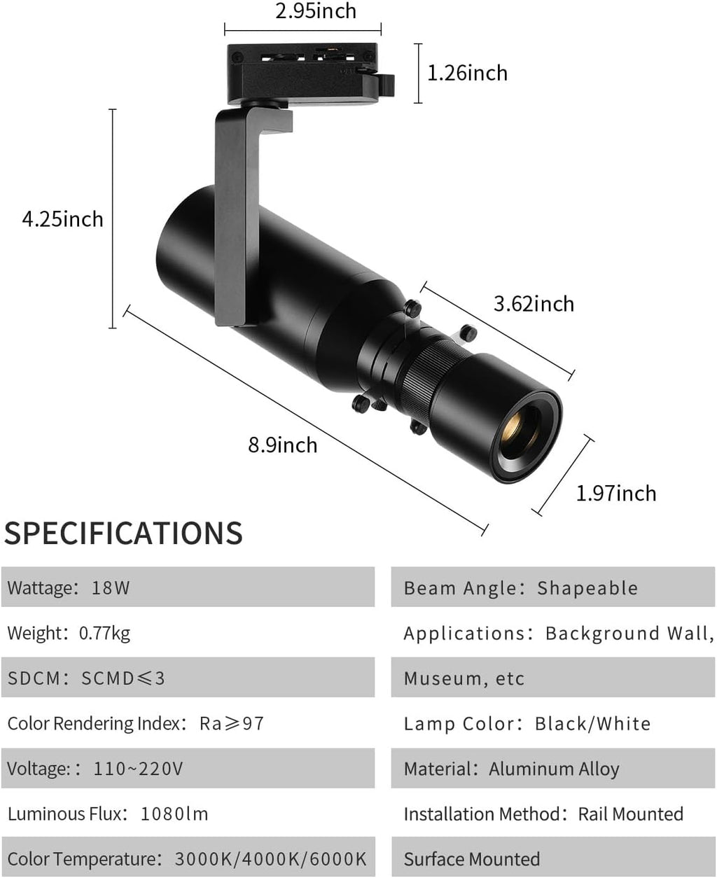 LED Lighting Heads, Spot Light Indoor, 18W Shapeable Light, 2-Wire Track Dimming Zoom Light, Adjustable Aperture Shape for Museum Art Gallery Exhibition Art