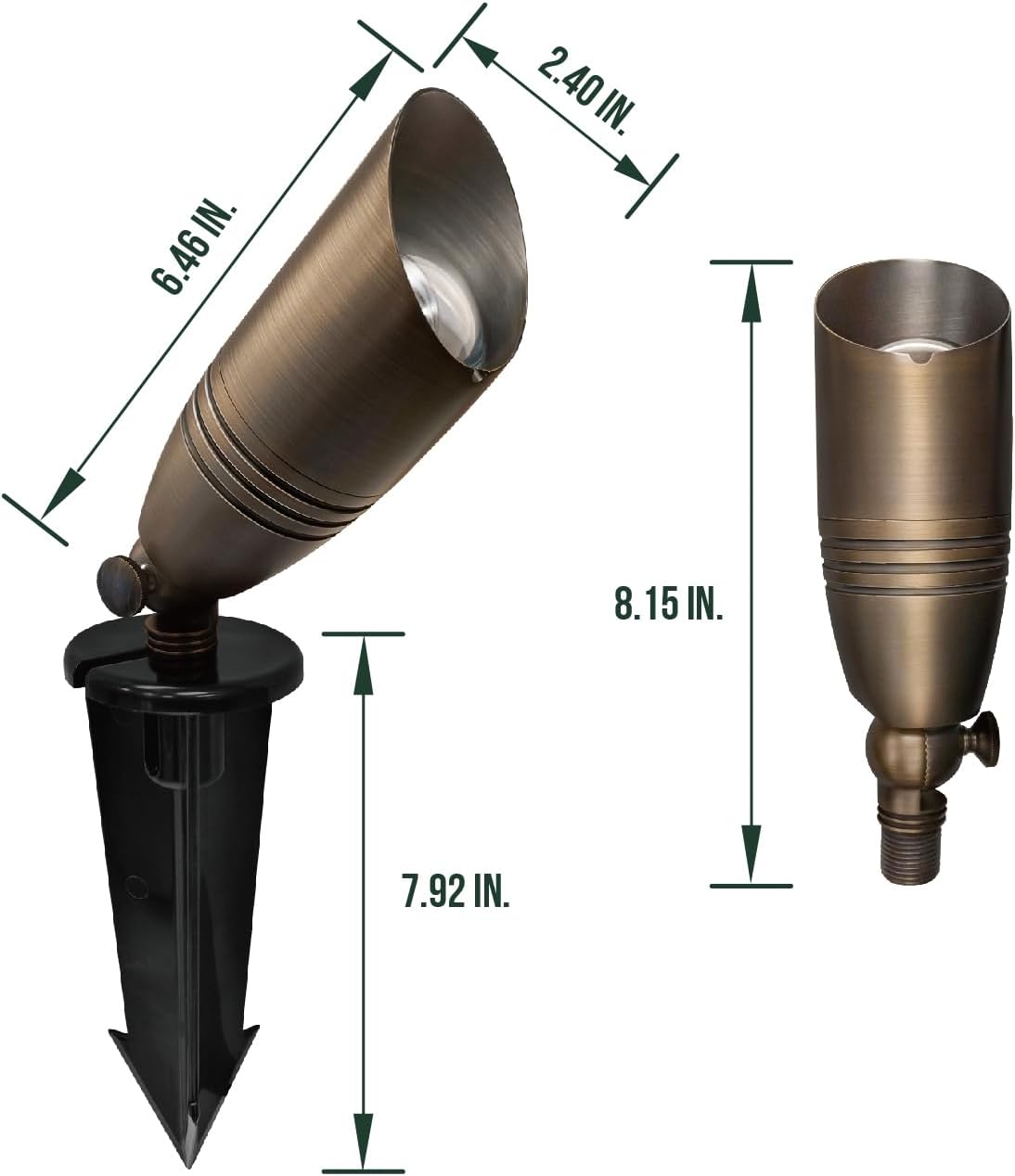 GKOLED UL Listed Solid Brass Landscape Spotlight, Low Voltage Outdoor Directional Uplight, with 5W MR16 LED Bulb & Large Rugged Slot Spike, 12V AC/DC Garden Patio Spot Up Light (Pack of 3)