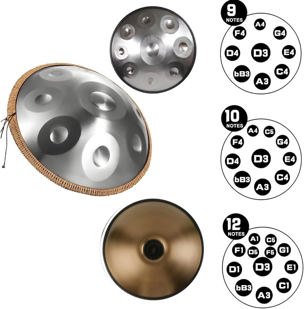 Handpan Drums for Adults Steel Handpan D Minor Kurd 22 Inches 9/10/12 Notes 440hz 432hz Harmonic Percussion Instrument for Sound Healing, Personal Meditation, Yoga(Gold,440HZ/9Note)