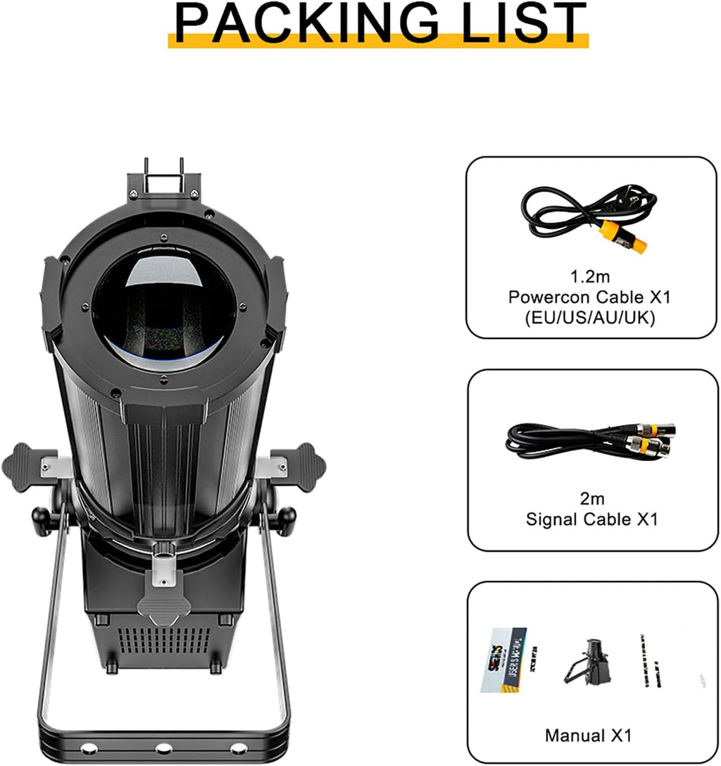 SHEHDS LEKO LED Zoom 350W RGBW Profile Stage Spotlights, Zoom Range of 19°–46°, 3,000 to 14,000K Par Ellipsoidal Lights Manual Focus Four-Leaf Manual Cut Light Barrier DMX512 Disco DJ Lights for Show
