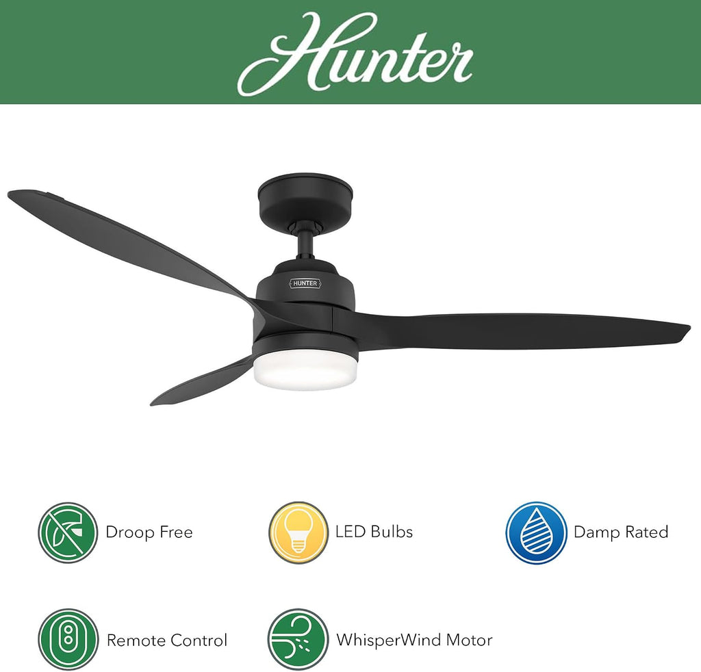 Hunter Fan 52 inch Ceiling Fan with Lights and Remote, Outdoor or Indoor Black Ceiling Fan for Porch, Living Room, Office, Kitchen, Garage (Renewed)