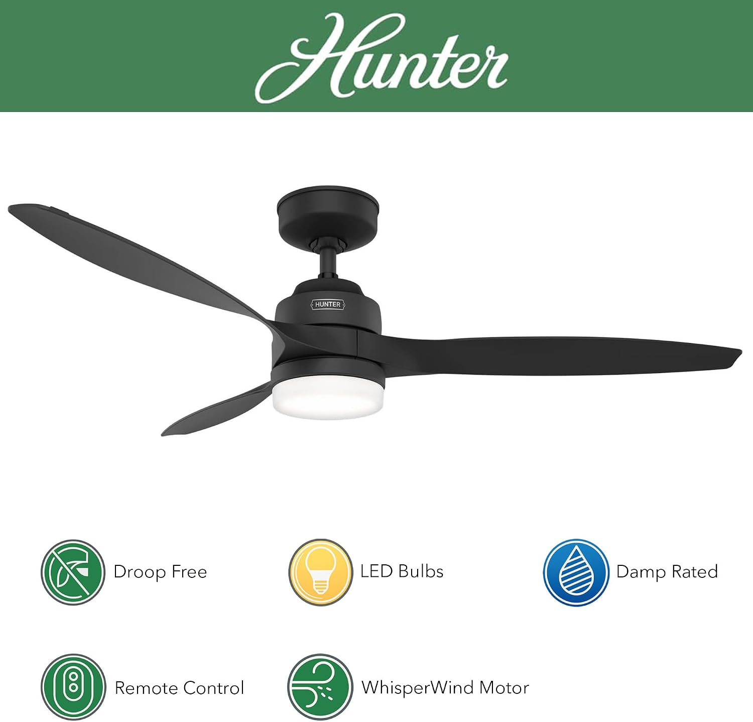 Hunter Fan 52 inch Ceiling Fan with Lights and Remote, Outdoor or Indoor Black Ceiling Fan for Porch, Living Room, Office, Kitchen, Garage (Renewed)