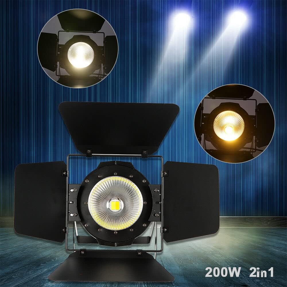 200W COB 2-in-1 LED Stage Light Blinder DMX-512 DJ Spotlight with Barn Doors - Warm & Cold White Light for Stage, Party, Wedding, Church, Theater, Photo Studio