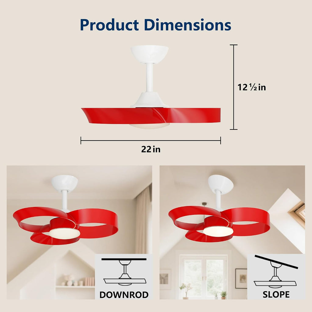 FANX 22 Inch Ceiling Fan with Light and Remote, Quiet DC Motor, Dimmable LED, Reversible 3-Speed Control, Easy Installation Downrod Fan for Small Rooms (Red)