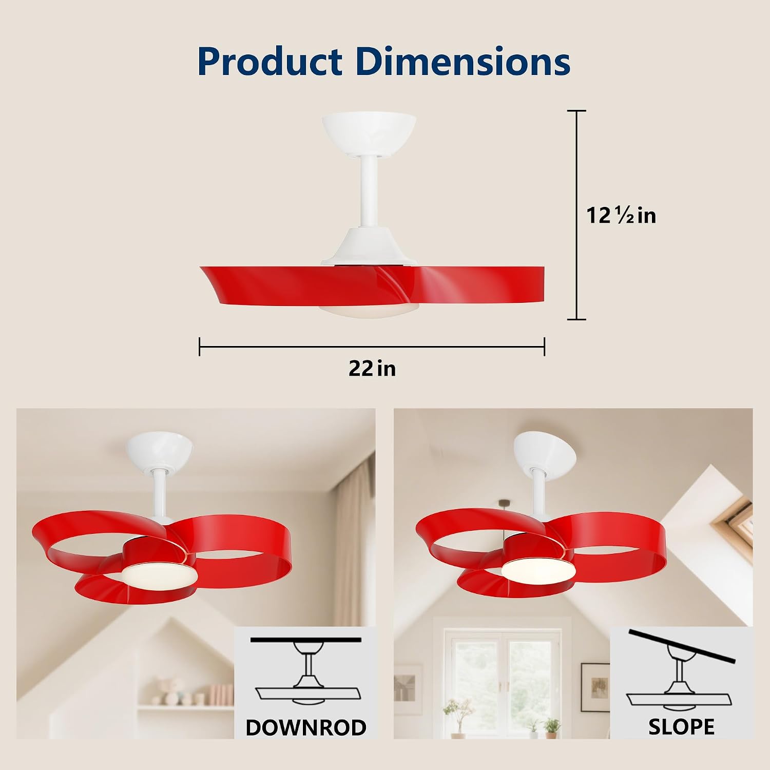 FANX 22 Inch Ceiling Fan with Light and Remote, Quiet DC Motor, Dimmable LED, Reversible 3-Speed Control, Easy Installation Downrod Fan for Small Rooms (Red)
