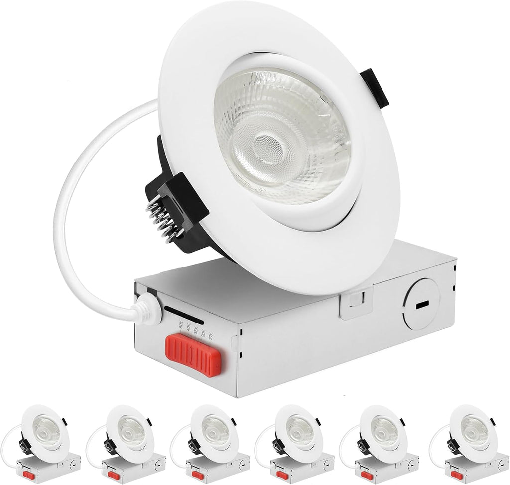 LUXRITE 4-Inch Gimbal LED Recessed Lighting, 5 Color Selectable 2700K-5000K, 15 Watts, 1250 Lumens, Adjustable 360º + 30º Swivel Spotlight, Dimmable, CRI90, IC & Wet Rated, ETL, White (6 Pack)