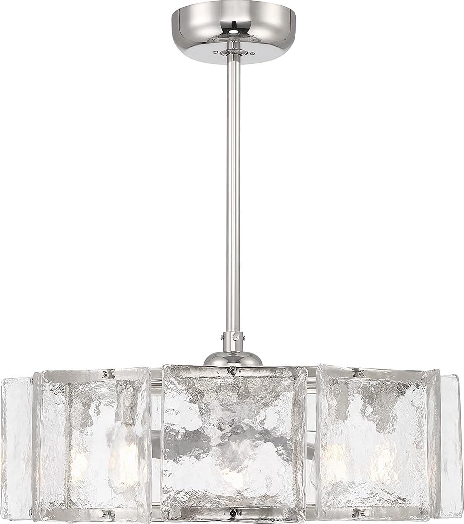 Savoy House 27-FD-8201-109 Genry Fandelier Coastal Clear Water Piastra Glass Drum Chandelier Ceiling Fan with Light and Remote, 5-Light 40 Total Watts, 17' H x 27' W, Polished Nickel