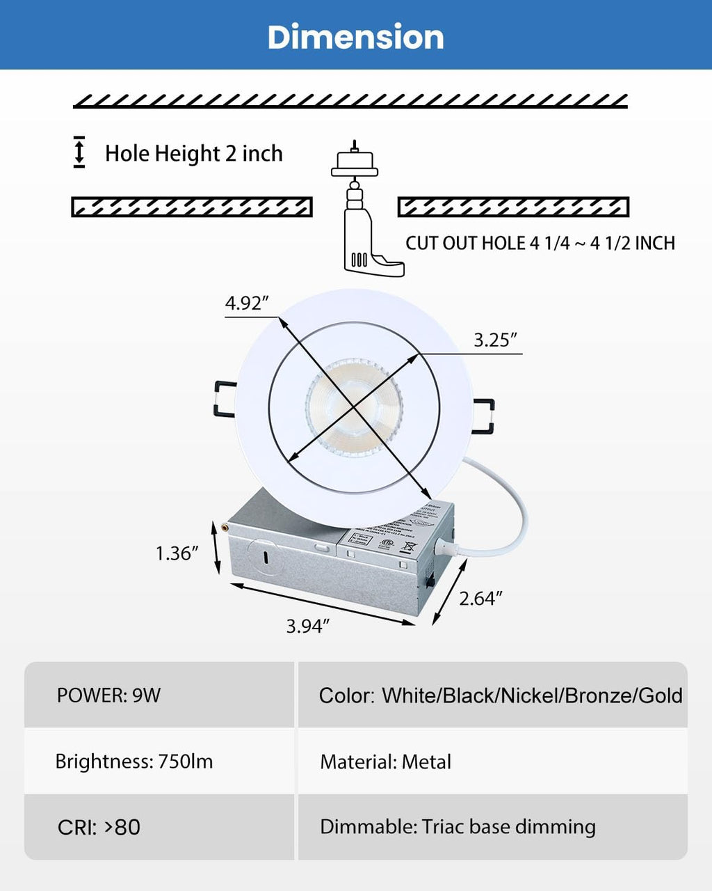 POPANU 4 inch LED Gimbal Recessed Light, 9W 750lm Eyeball Sloped Ceiling Task Lighting, Soffit Wafer Indoor Directional Lighting, 90° Tilt and 360° Rotation Recessed Lighting 4 inch White 12Pack