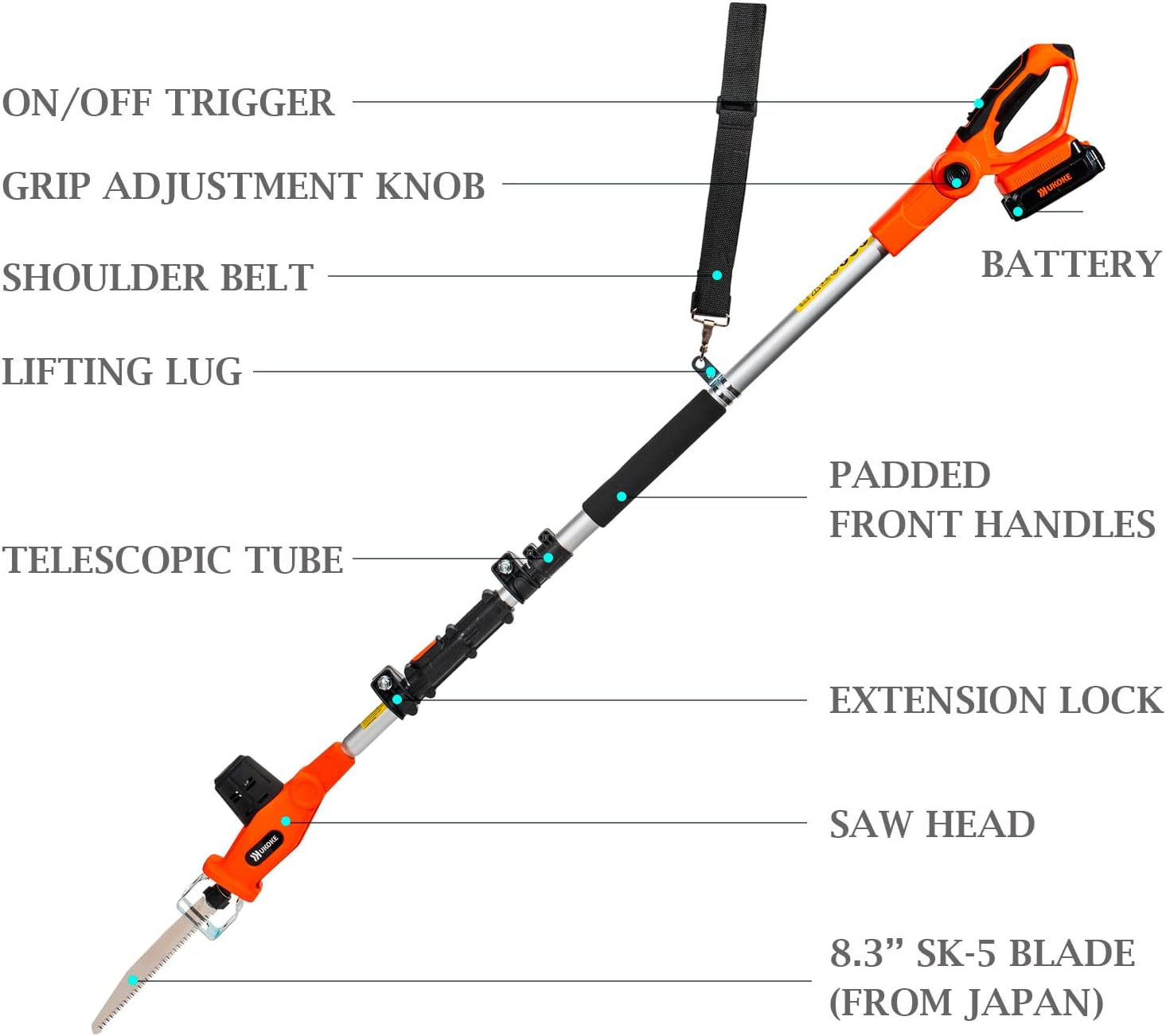 Ukoke Cordless Pole Tree Pruning 8.3-Inch Blade Saw for Tree Trmming, 20V 2.0A Battery & Charger Included,UPS-01