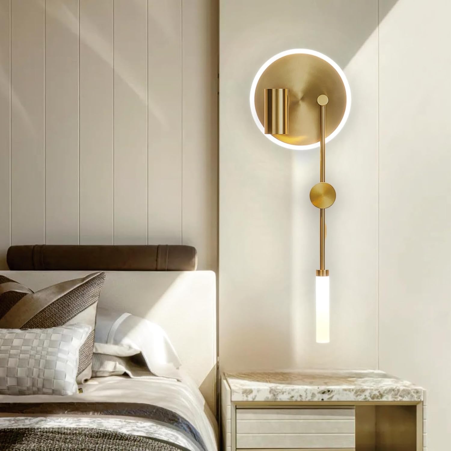 Hyunbae Wall Sconces, 3-Light Sources Gold Wall Lights, 360° Adjustable Spotlight, Dimmable Modern Gold Wall Sconce Vanity Light Fixtures, LED Wall Lighting for Living Room Bedroom Hallway