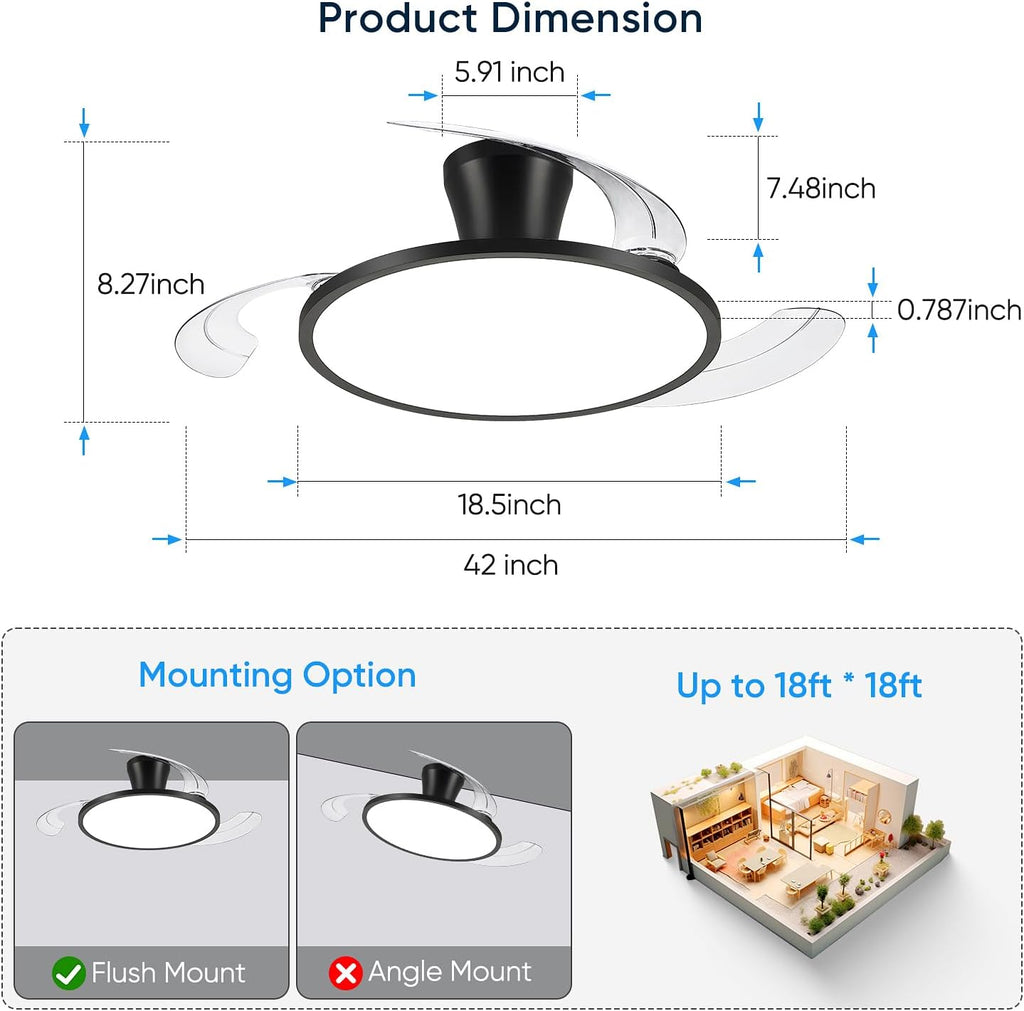 42' Retractable Ceiling Fan with Light, Slim Fandelier Ceiling Fans with Remote & App Control, Full Spectrum, Low Profile Modern Ceiling Fan for Bedroom Living Room Kitchen, Black