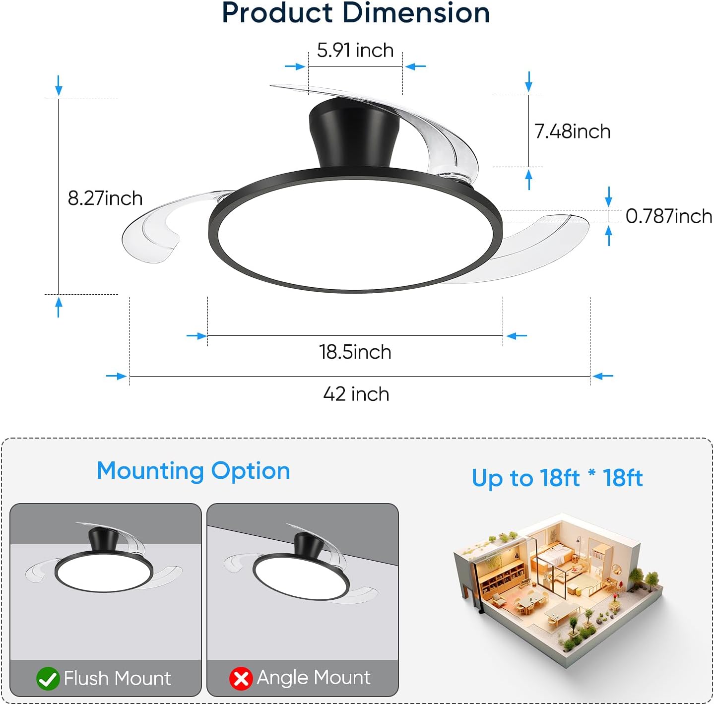 42' Retractable Ceiling Fan with Light, Slim Fandelier Ceiling Fans with Remote & App Control, Full Spectrum, Low Profile Modern Ceiling Fan for Bedroom Living Room Kitchen, Black