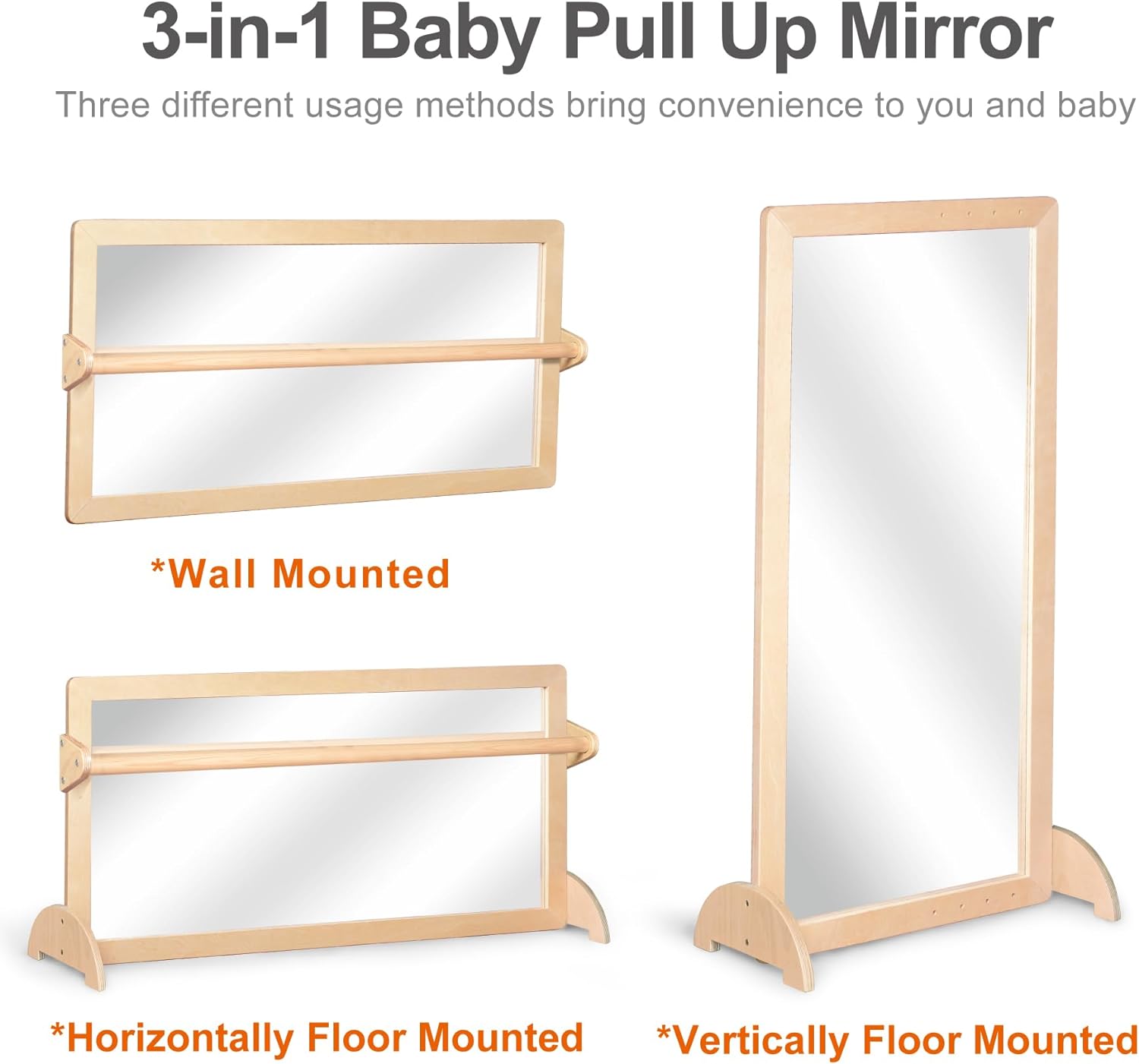 3-Position Montessori Wood Frame Non-Shatter Safety Pull Up Bar Baby Big Mirror Set, Infant Coordination Mirror, Kids Classroom Furniture for Daycare, Homeschool or Preschool