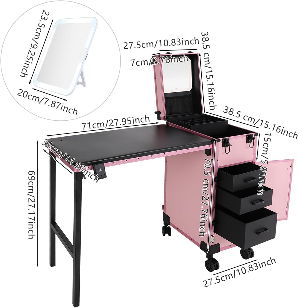 Professional Rolling Makeup Case, Foldable Nail Tables with Detachable Lighted Mirror, Travel Cosmetic Trolley Storage Organizer with Drawers & Lock, Manicure for Artist (Pink)