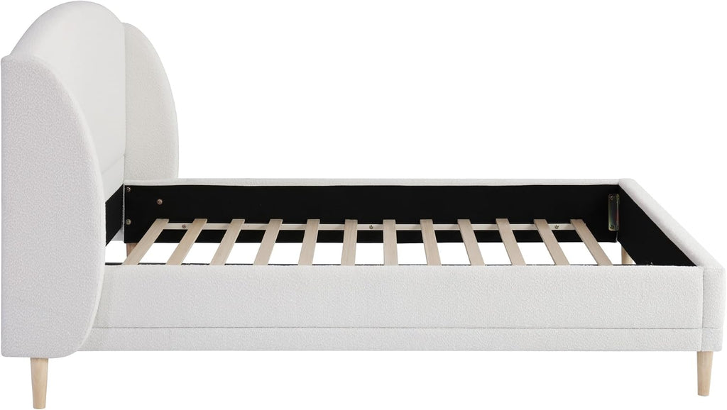Christopher Knight Home Hazel Queen Size Bed Frame, Upholstered Platform Bed, Soft Boucle Wingback Headboard, Wood Bed Support and Slats, Curved-Shaped Headboard Queen Bed for Adult, 44.50' H White
