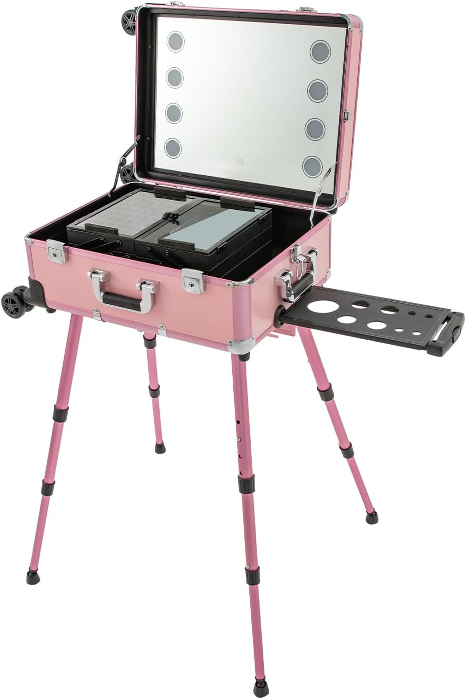 Portable Makeup Station Trolley Makeup Train Case, Portable Vanity Table Makeup Train Case With Mirror & LED Lights, Rolling Vanity Travel Makeup Vanity Cases with Wheels & Adjustable Legs (Pink)