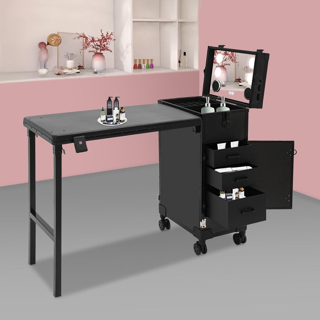 Professional Rolling Makeup Case, Foldable Nail Tables with Detachable Lighted Mirror, Travel Cosmetic Trolley Storage Organizer with Drawers & Bluetooth Speaker, Manicure for Artist (Black)