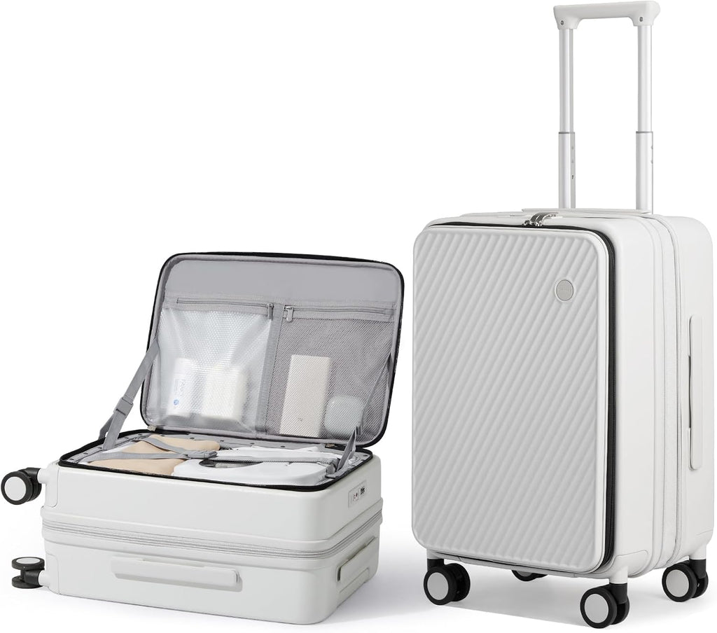 mixi 20 Inch Expandable Carry On Luggage PC Hard Shell Suitcase Top Opening Rolling Travel Suitcases with Spinner Wheels & TSA Lock, Smoke White