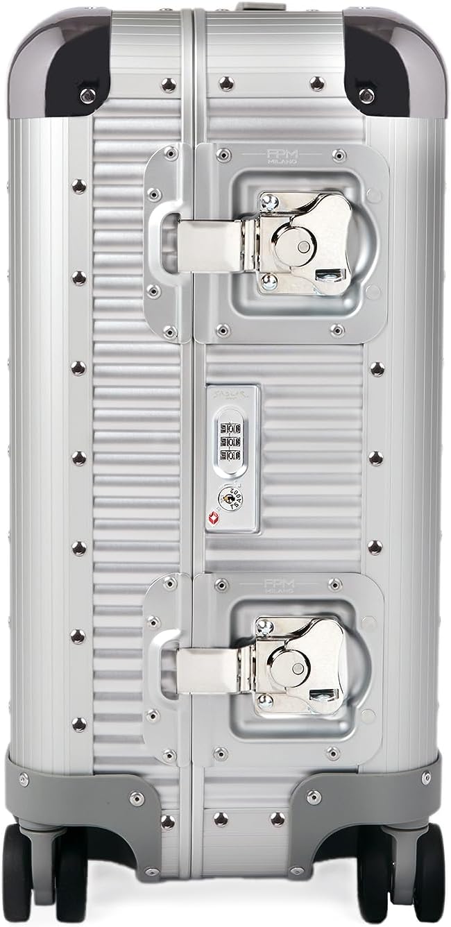 FPM MILANO Bank S 21' Made in Italy Aluminum Sport Carry-On Luggage - Hardside Framed Cabin Suitcase with 4 Spinner Wheels - International Carry-on Travel - Moonlight Silver