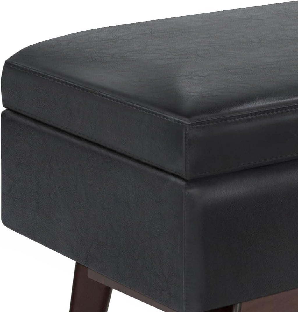 SIMPLIHOME Owen Rectangular Storage Ottoman - 48 inch Wide Upholstered Vegan Leather Lift-Top Ottoman in Midnight Black, Mid-Century Modern Ottoman for Living Room with Tufted Detail