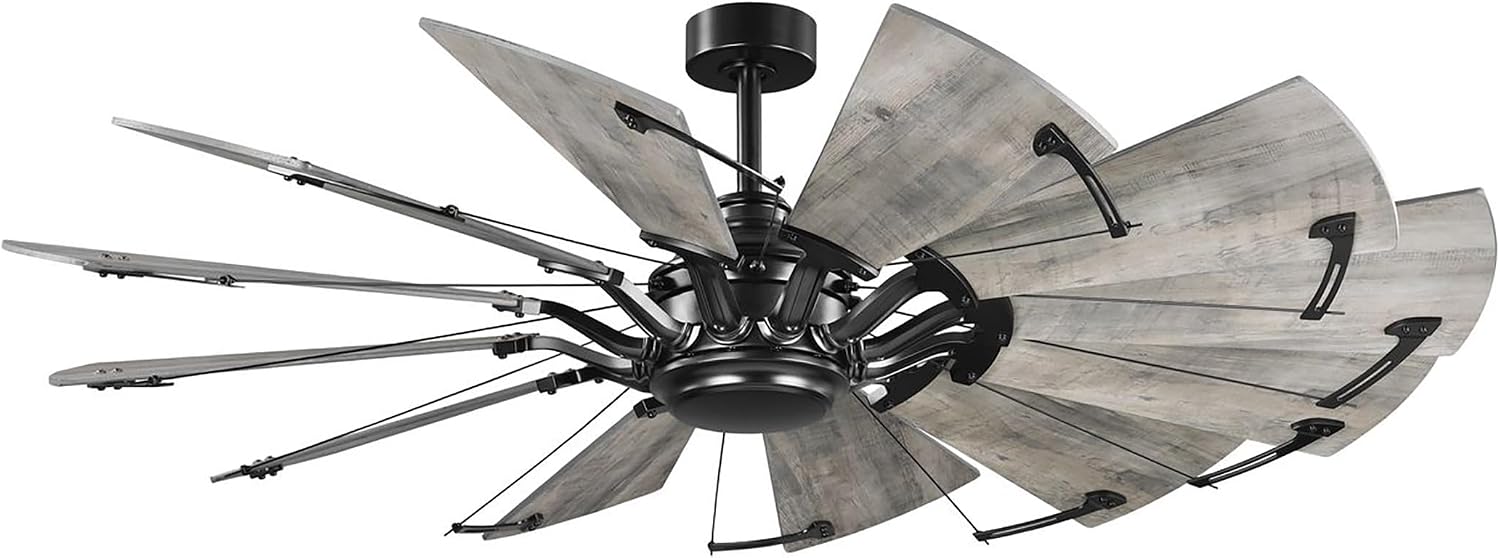 Progress Lighting Springer Collection DC Motor Farmhouse Windmill Ceiling Fan, Matte Black, 12-Blade (60' W x 17-3/8' H) P250000-31M