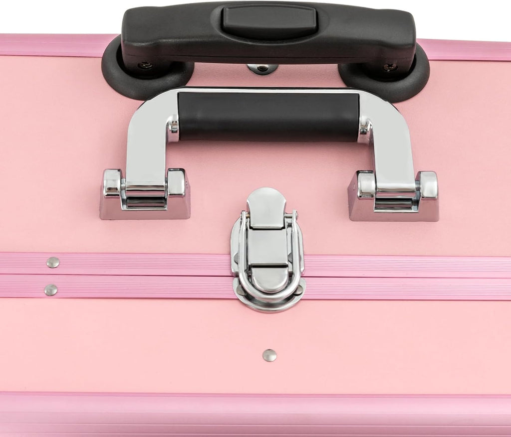 Rolling Makeup Train Case, 21'' Aluminum Trolley Makeup Train Case with LED Light & Adjustable Legs Lighted Makeup Vanity Station with 4 Removable Wheels for Professional Makeup Artists (Rose)