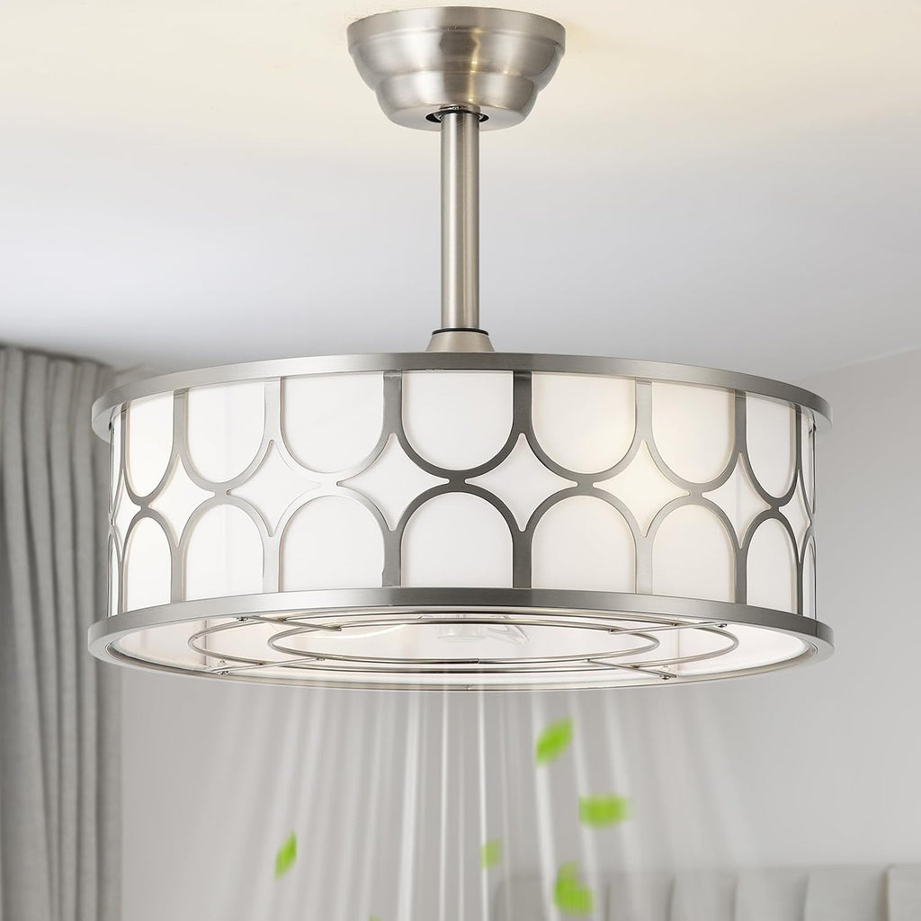 20' Sliver Boho Fandelier Ceiling Fans with Lights, Caged Bladeless Ceiling Fan with Light Remote Control. Chandelier with 6 Speeds for Bedroom, Nursery, Living room.