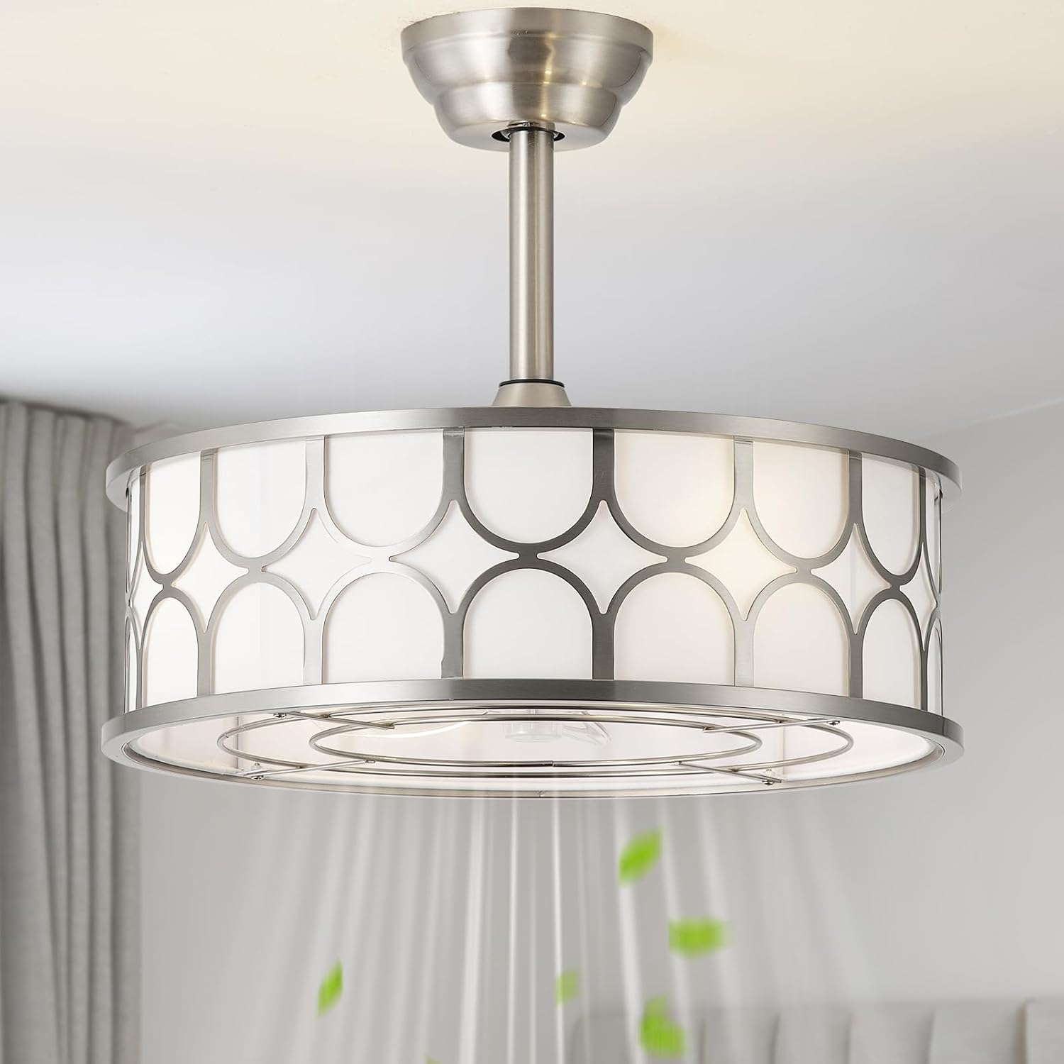 20' Sliver Boho Fandelier Ceiling Fans with Lights, Caged Bladeless Ceiling Fan with Light Remote Control. Chandelier with 6 Speeds for Bedroom, Nursery, Living room.