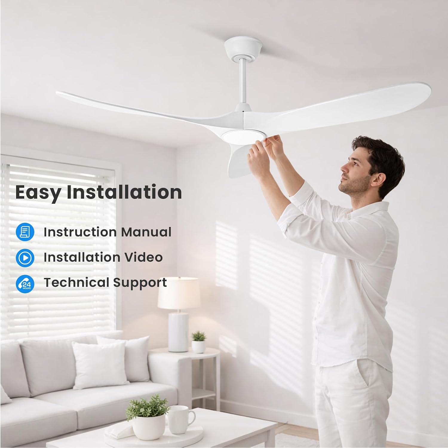 heimo 72 Inch White Ceiling Fan with Light and Remote, Wood Outdoor Ceiling Fans with Lights Dimmable for Bedroom Living Room Patios Proch Office Rustic Extra Large High Cfm Exterior Fan