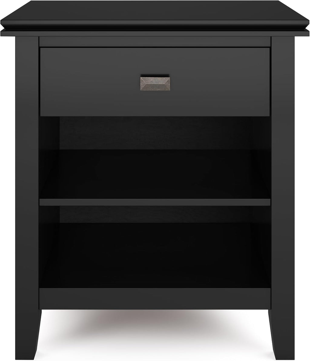 SIMPLIHOME Artisan Bedside Table - 24 inch Wide Solid Wood Nightstand Table in Black, Contemporary Bedroom Side or End Table with 1 Drawer, Open Shelf Storage and Bronze Knobs
